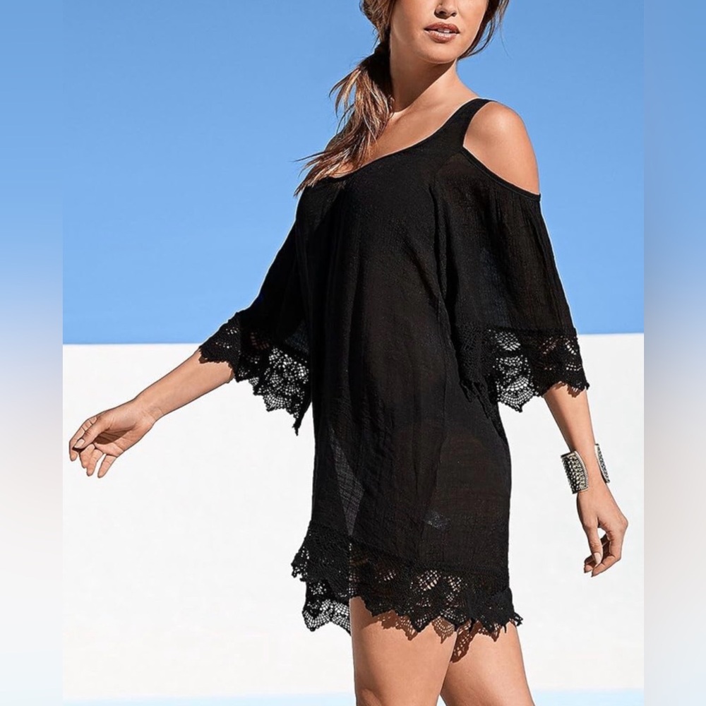 VENUS Black Crochet Trim Swim Cover-Up